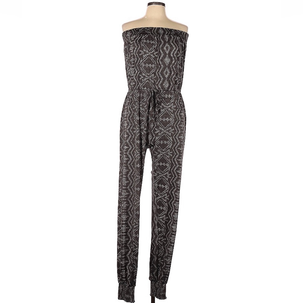 Boho Strapless Geometric Tribal Print Jumpsuit Brown White Smocked Tube Top L